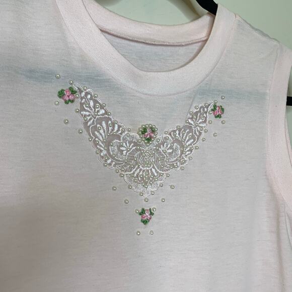 80s Pink Sleeveless Top Lace Pearl Applique Sz Medium - Picture 5 of 7